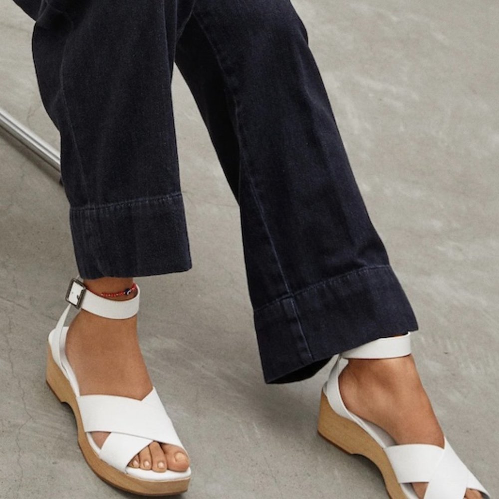 Everlane White Leather Ankle-Strap Sandals with Natural Wood Wedge